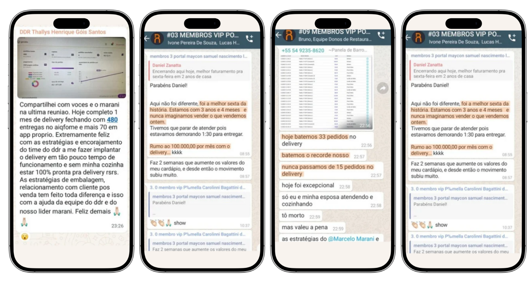 Depoimentos de donos de delivery mostrando resultados reais: 480 entregas no iFood, R$ 100.000 por mês, 33 pedidos no delivery e outros sucessos