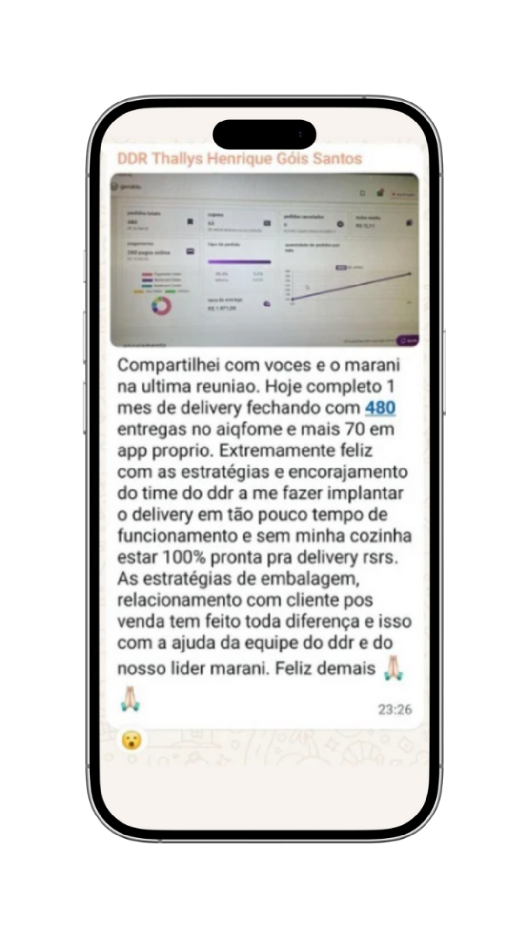 Depoimento de DDR Thallys mostrando dashboard com 480 entregas no iFood e mais de 70 no app próprio