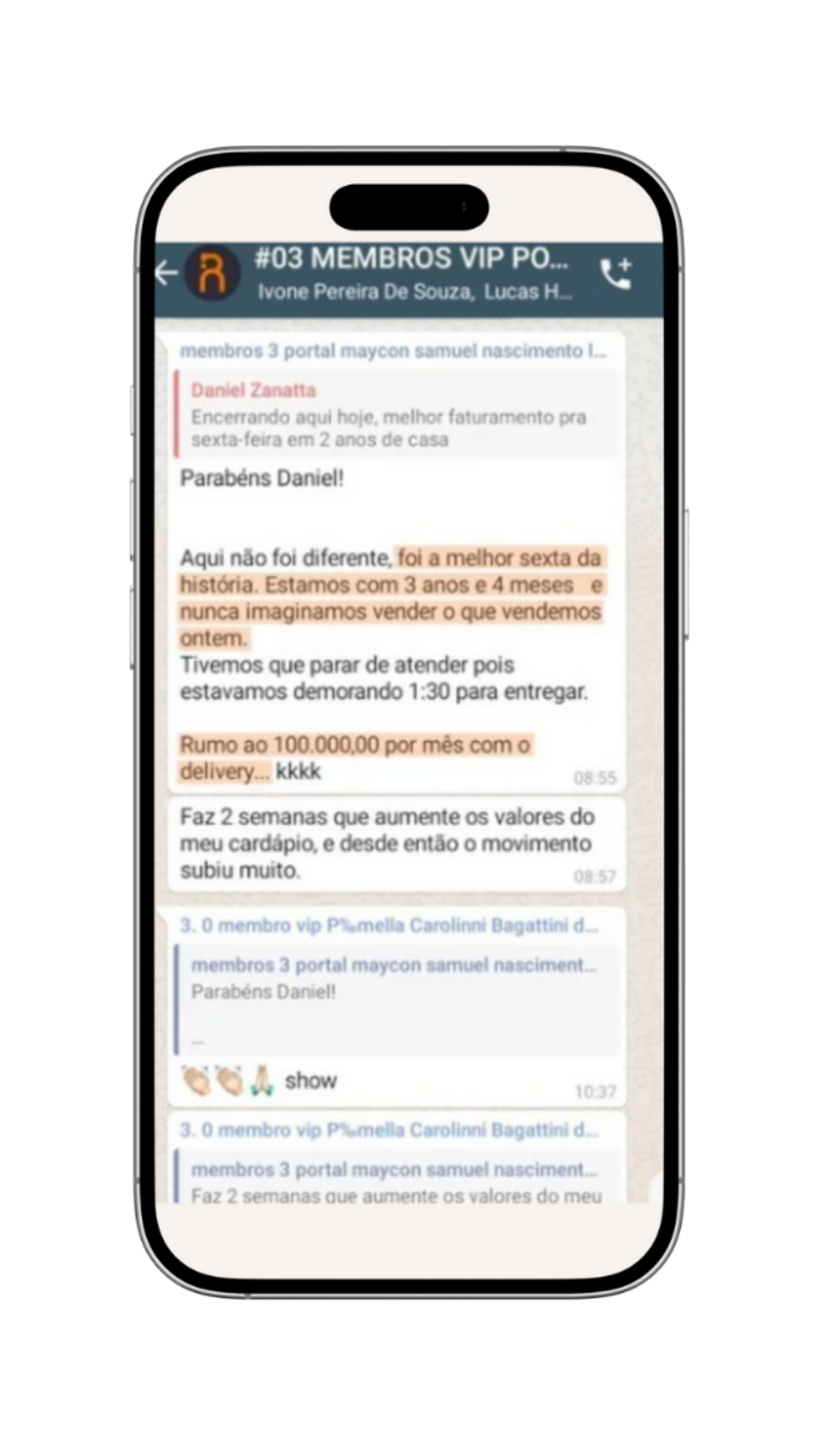 Conversa no WhatsApp mostrando resultados de R$ 100.000 por mês com delivery
