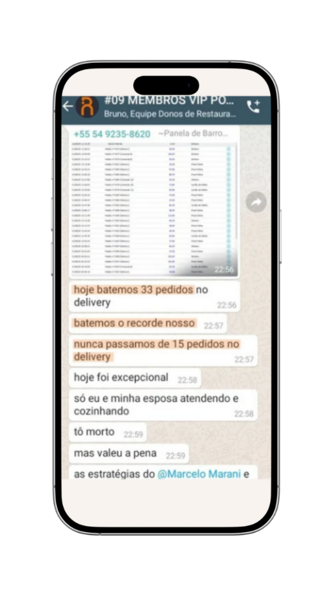 Grupo VIP mostrando depoimentos sobre 33 pedidos no delivery e recordes batidos